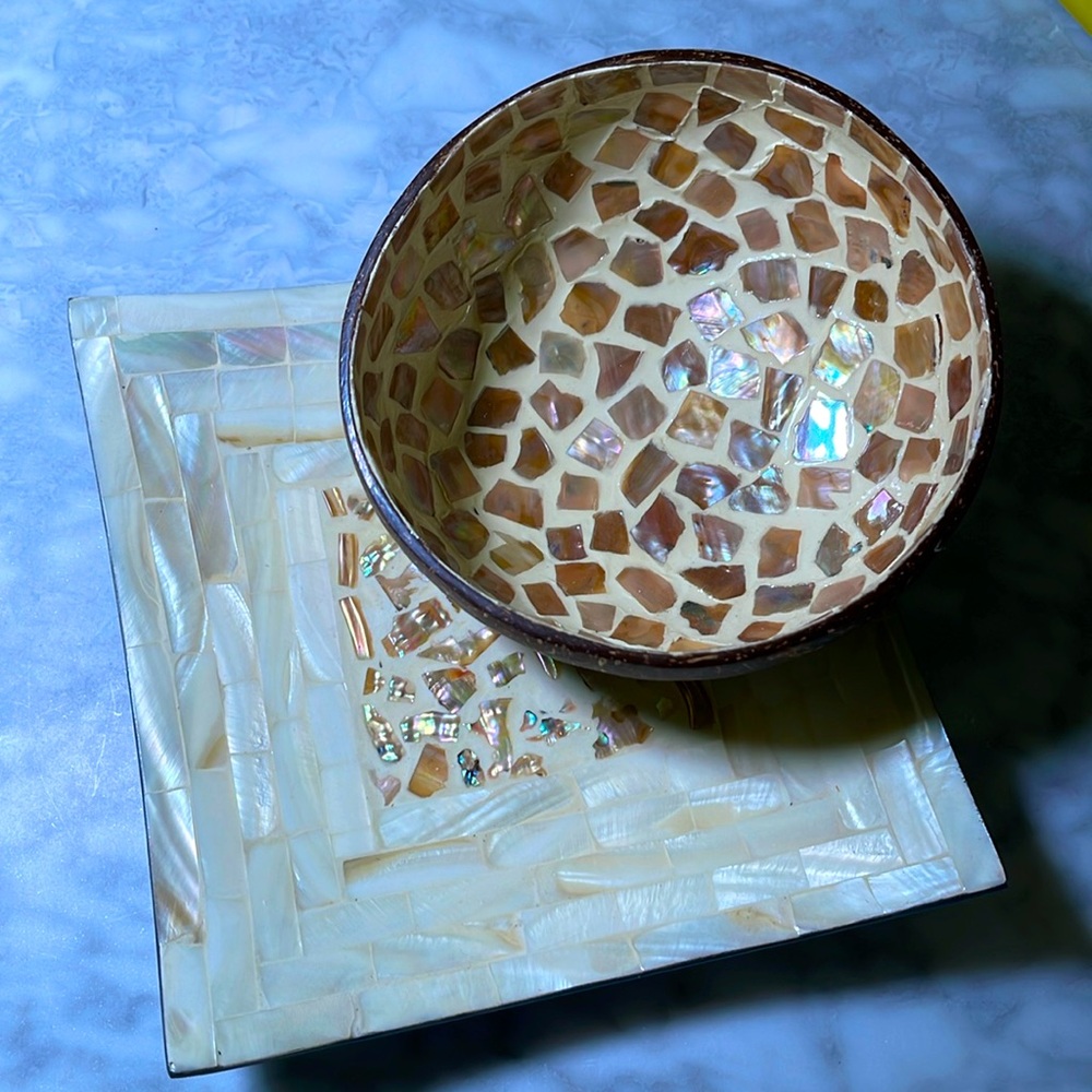 Bowl plate set-beautifully handmade shell design,plate & coconut bowl,never used